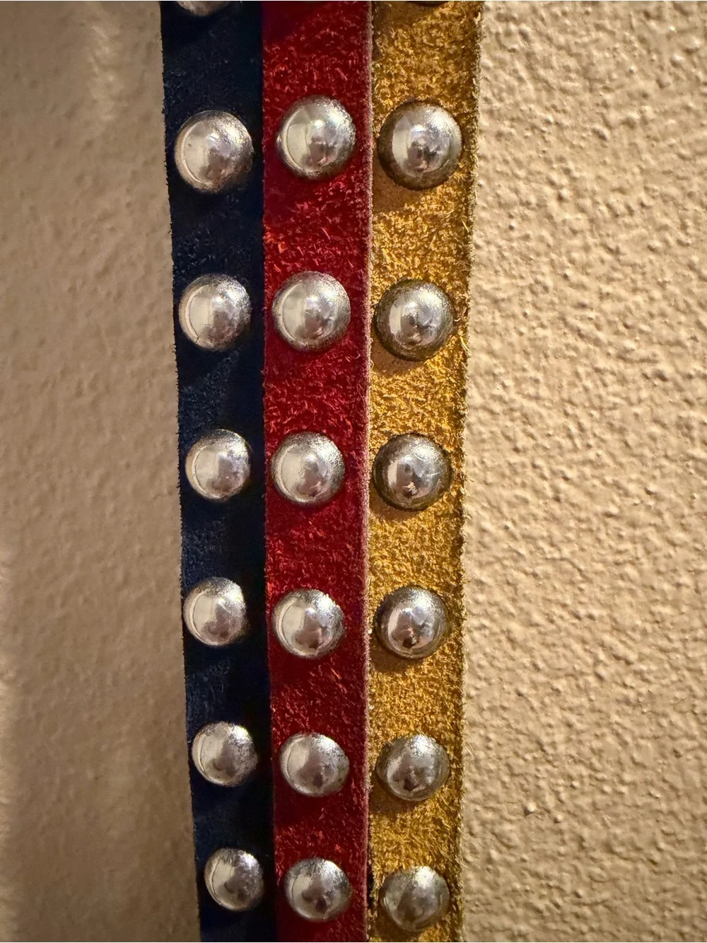 Vera Neumann Vintage 1980’s Leather Three Colors Navy Yellow Red Metal Stud Belt